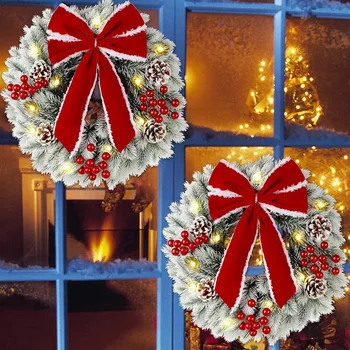 2 шт. рождественских венков с подсветкой, 9,8-дюймовый Предварительно подсвеченный мини-рождественский венок с красным бантом, Венок из сосновых иголок со светодиодной подсветкой