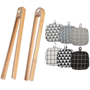 2 Штуки магнитных бамбуковых щипцов для тостера и 6 штук хлопчатобумажного держателя для кастрюли с петлей для подвешивания