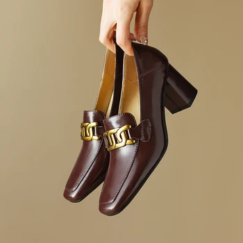 2023 г. новые весенние женские туфли-лодочки из натуральной кожи 22-24,5 см + овчина, лоферы с квадратным носком, женская обувь на толстом каблуке с металлической цепочкой