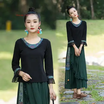 2024 китайская традиционная национальная рубашка hanfu женская винтажная рубашка с цветочной вышивкой в стиле ретро, восточный костюм эпохи тан, китайские рубашки