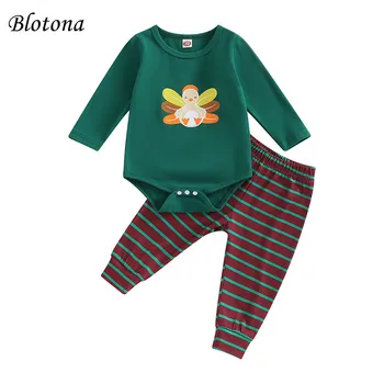 Blotona Для маленьких девочек и мальчиков, комплект одежды на День Благодарения из 2 предметов, комбинезон с рисунком Индейки, штаны в полоску, наряд от 6 до 3 лет