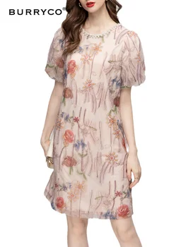 BURRYCO Женское новое летнее платье 2023 оригинального дизайна с рукавами-пузырями, платье трапециевидной формы с вышивкой из бисера