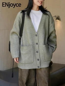 ENjoyce Зимнее Женское Винтажное Вязаное Пальто С V-образным вырезом В Японском стиле Харадзюку, Кардиганы, Свитера, Однобортные Трикотажные Куртки