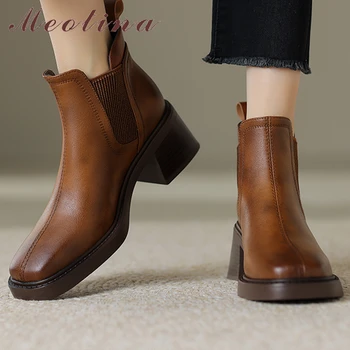 Meotina, Женские ботильоны из натуральной кожи, короткие ботинки Челси с квадратным носком на высоком каблуке, женская модная обувь, осень-зима, коричневый