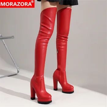 MORAZORA 2022 красные сексуальные высокие каблуки платформы ботинки женщин над коленом сапоги молния круглый носок зимние сапоги для женщин тонкий стрейч