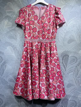 Novia Party 2023, весенне-летнее платье, женское платье с V-образным вырезом, красочные цветочные принты, Открытая вышивка, Розово-желтое платье с коротким рукавом