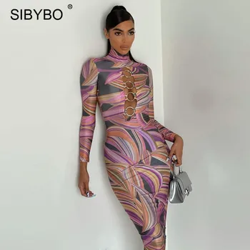 Sibybo Сексуальное Длинное платье с принтом, женская Водолазка, длинный рукав, Облегающее Летнее платье 2021, женские вечерние платья с вырезами, Тонкие Макси-платья