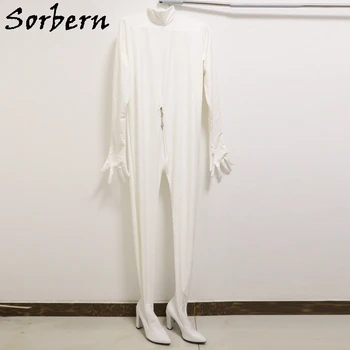 Sorbern Белый облегающий костюм с матовыми полосками Унисекс на высоком каблуке с острым носком, Длинные рукава с застежками-молниями на пальцах, изготовленный на заказ
