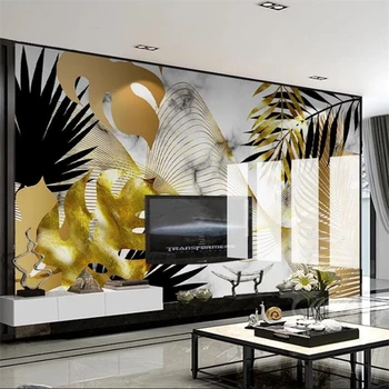 wellyu Индивидуальный большой художник на стене, нарисованные от руки тропические растения в скандинавском стиле, золотые листья, абстрактный изгиб, джаз, белый фон для телевизора