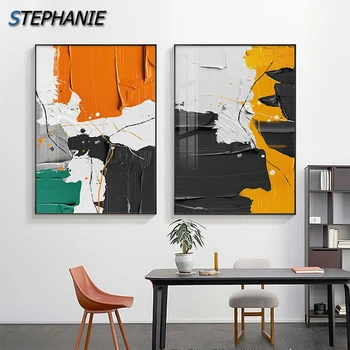 Абстрактная минималистичная настенная живопись на холсте с цветными блоками, современные черно-оранжевые плакаты, принты для настенных рисунков в гостиной