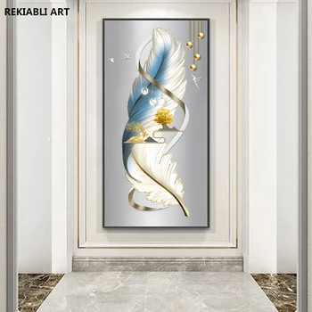Абстрактное Золотое дерево, олень, Белое перо, картина на холсте, принты, настенный художественный плакат, Декор в скандинавском стиле для гостиной, Куадрос, без рамы