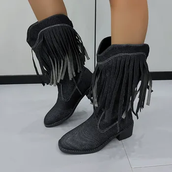 Акция на женскую обувь 2023, Женские ботинки с рукавами, зимняя джинсовая обувь, квадратный носок с кисточками, однотонные ботинки с кисточками средней длины, квадратный корень с кисточками