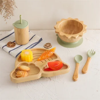 Бамбуковые деревянные обеденные тарелки Rainbow, детская посуда, принадлежности для кормления с присосками, Набор детской посуды для младенцев, не содержащий BPA