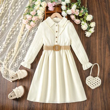 Весенне-Осеннее Повседневное платье Абрикосового цвета с длинным рукавом для девочек 8-12 лет