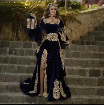 Вечернее платье-кафтан в марокканском стиле с аппликацией из золотистого кружева с длинным рукавом, бархатные платья знаменитостей для выпускного вечера