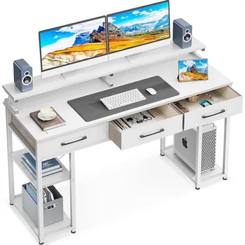 Выдвижные ящики и полки для хранения, 55-дюймовый домашний офисный стол с подставкой для монитора, Современный письменный стол для рабочего кабинета, стол для небольших помещений