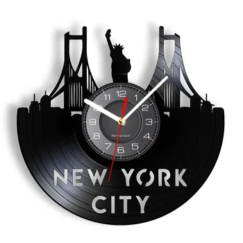 Городской пейзаж Нью-Йорка Современные Настенные часы Из Граммофонной пластинки Статуя Свободы Достопримечательности Настенные часы Произведения искусства Подарки путешественникам