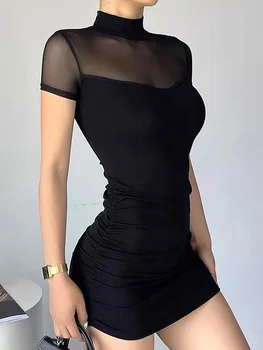Готический Темный макет шеи Y2k Облегающие Мини-платья, Готическое женское Сетчатое Прозрачное вечернее платье в стиле Пэчворк