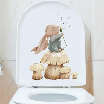 Декоративная наклейка на туалет, яркая долговечная наклейка на туалет с милым кроликом, прочные клейкие наклейки на стены для домашней ванной комнаты, гриб
