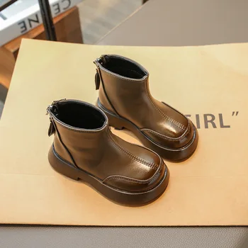 Детские модные ботинки, осенне-зимние теплые плюшевые ботинки, повседневная хлопчатобумажная обувь для младенцев, нескользящие ботинки из искусственной кожи в стиле ретро для девочек и мальчиков