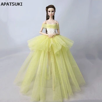 Желтый Модный костюм, одежда для куклы Барби, платья, многослойные свадебные платья, наряды для кукол 1/6, Аксессуары для кукол