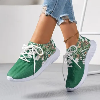 Женская дышащая вязаная зеленая обувь на плоской подошве Maogu, легкая нескользящая обувь для ходьбы, Модные кроссовки с принтом, Большие размеры 43