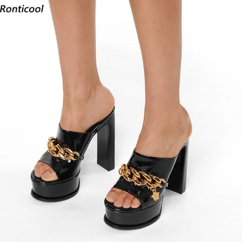 Женские босоножки на платформе Ronticool, унисекс, пикантная цепочка, удобные туфли на блочном каблуке с открытым носком, элегантные черно-белые вечерние туфли, размер США 5-10,5