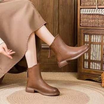 Женские ботинки Martin 2024, весна и осень, Новые короткие сапоги на толстом каблуке, повседневные женские ботинки в стиле ретро в британском стиле