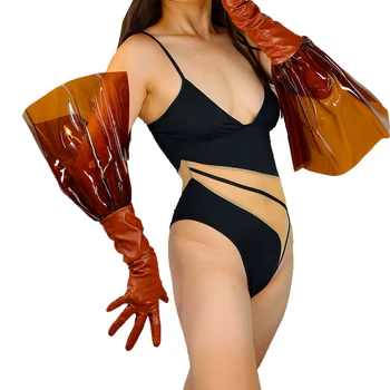 Женские коричневые прозрачные перчатки DooWay из ПВХ с пластиковыми пышными рукавами, искусственная кожа, 70 см, прозрачная Модная вечерняя перчатка для ночного клуба, оперы