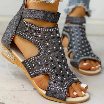 Женские летние сандалии со стразами, римская обувь с застежкой-молнией сзади в стиле ретро 