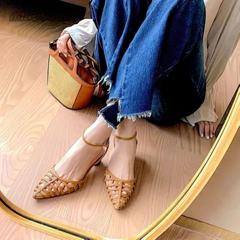 Женские сандалии на низком каблуке с острым носком для отдыха, Модная женская летняя комфортная Повседневная женская обувь, Женские сандалии