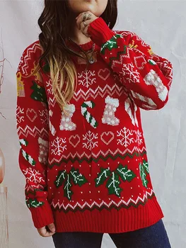 Женщины с милый забавный уродливый рождественский свитер Снежинка чулок праздник елки вязать свитер пуловер