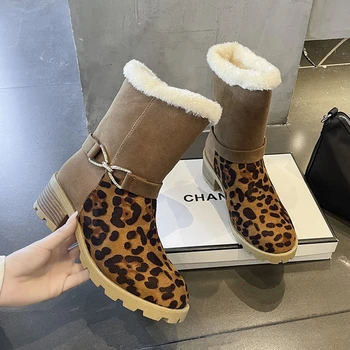 Зимние ботинки до середины икры из плотного плюша 2023, повседневный комфорт, женские новые модные замшевые нескользящие теплые зимние ботинки с леопардовым принтом