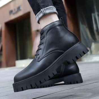 Зимние новые мужские ботинки, роскошные брендовые дизайнерские рабочие ботинки с высоким берцем, черные кожаные ботинки с толстой подошвой, повседневная обувь для мужчин, мотоциклов
