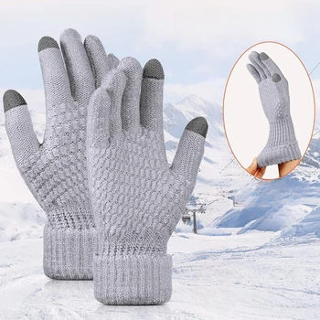 Зимние перчатки с сенсорным экраном, теплые эластичные Вязаные варежки, имитация шерсти, перчатки на полный палец, женские перчатки Luvas крючком для женщин, мужчин