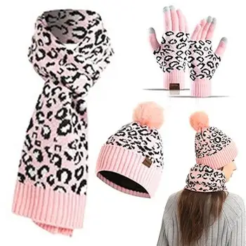 Зимняя шапка Шарф Перчатки Милая вязаная шапочка-бини с леопардовым принтом Теплые Уютные Зимние подарки Шейные платки для женщин