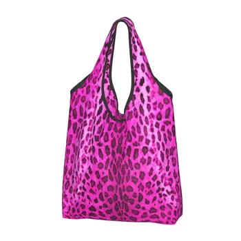 Кавайная Розовая леопардовая сумка для покупок, переносная сумка для покупок с принтом из кожи животного