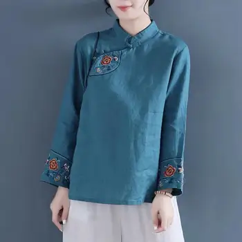 Китайская Рубашка Традиционная Женская одежда Рубашка с длинным рукавом в стиле Ретро Из Хлопка и Льна Hanfu Qipao Женский Топ Этнический Женский Чонсам