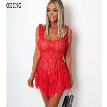 Коктейльные платья OEING Sweetheart в красную полоску, сексуальное мини-платье из тюля для пляжной вечеринки, Прозрачное платье с застежкой-молнией сзади, Кружевное Плиссированное платье Feestjurken