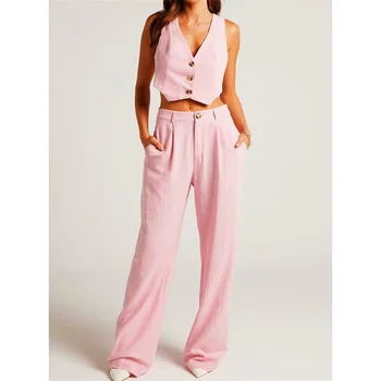 Комплект женских брюк из розового льна, 2 предмета, летний жилет, топы + прямые широкие брюки, офисный костюм, сексуальная Открытая шнуровка сзади, в наличии на складе