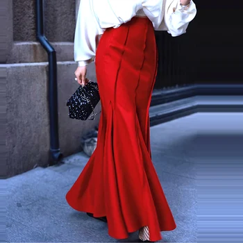 Корейская мода 2024 XS S, сексуальные длинные юбки с завышенной талией, завернутые в бедра, женские осенне-зимние красные облегающие юбки в стиле ретро с рыбьим хвостом