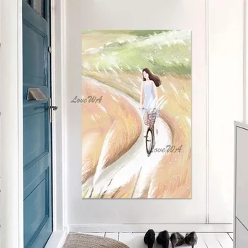 Красивая девушка на велосипеде, Новый абстрактный холст, картина маслом ручной работы, качественная настенная картина для ресторана, украшение дома