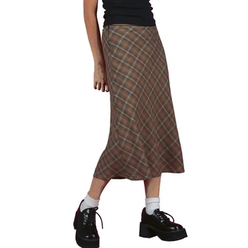 Летняя женская юбка Y2K E-Girls, уличная одежда, винтаж 90-х, клетчатые коричневые юбки миди с высокой талией, эстетика, Длинная юбка трапециевидной формы с принтом
