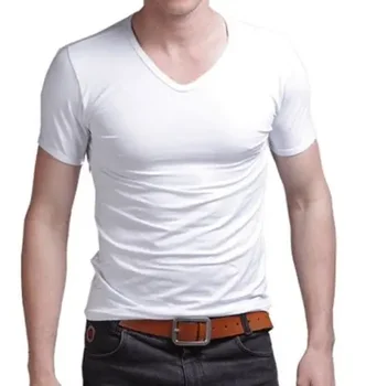 Летняя футболка A2871, хит продаж, Новые мужские топы с V-образным вырезом, футболка, приталенная, с коротким рукавом, однотонная повседневная футболка