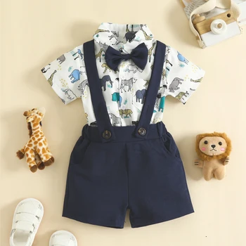 Летняя юбка Для маленьких мальчиков, обычная рубашка с короткими рукавами, комплект одежды из 2 предметов, отложной воротник, Элегантный мультфильм