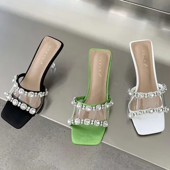 Лето 2022 г. Прозрачные женские туфли-лодочки с бриллиантами, женские повседневные уличные горки, стразы, тапочки, Босоножки на высоком каблуке, женские босоножки