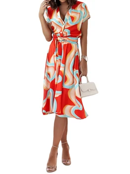 Модное Элегантное Платье с V-образным вырезом и принтом для Женщин, Повседневное Элегантное Платье с поясом, Офисные Платья-рубашки