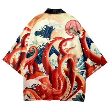 Модный кардиган Пляжный топ с принтом Волны Осьминога из японского Аниме Традиционное Кимоно Женское Мужское Хаори размера Оверсайз 4XL Азиатская одежда
