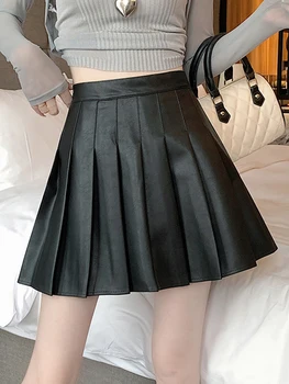 Новая осенняя плиссированная мини-юбка 2023 года, женская с подкладкой, Корейская модная юбка из искусственной кожи с высокой талией, женские повседневные Тонкие юбки трапециевидной формы