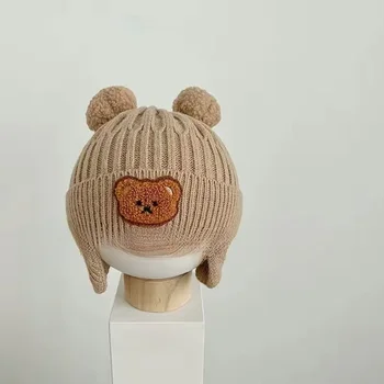 Новая простая детская шерстяная шапка с рисунком милого медведя, защита ушей, детская зимняя утолщенная теплая вязаная шапка, детская шапка